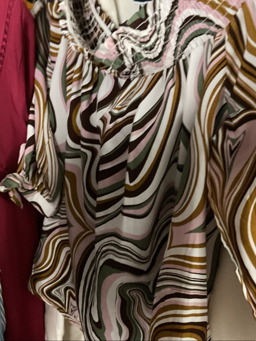 Women's Abstract Swirl Short Sleeve Blouse - Pink & Olive